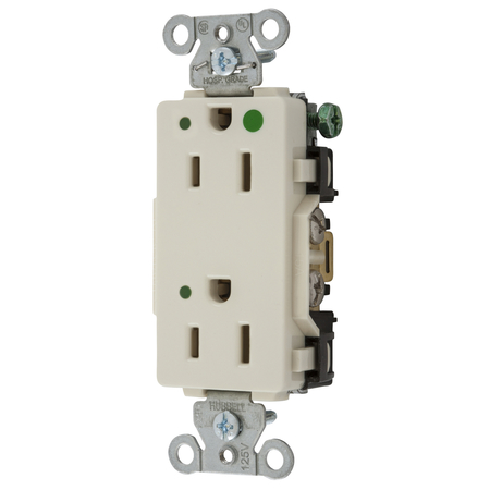HUBBELL WIRING DEVICE-KELLEMS Straight Blade Devices, Decorator Duplex Receptacle, Hospital Grade, Hubbell-Pro, LED Indicator, 15A 125V, 2- Pole3-Wire Grounding, 5-15R 2172LAL